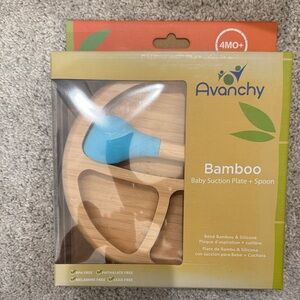 Bamboo Baby Suction Plate + Spoon - Natural Bamboo & Blue